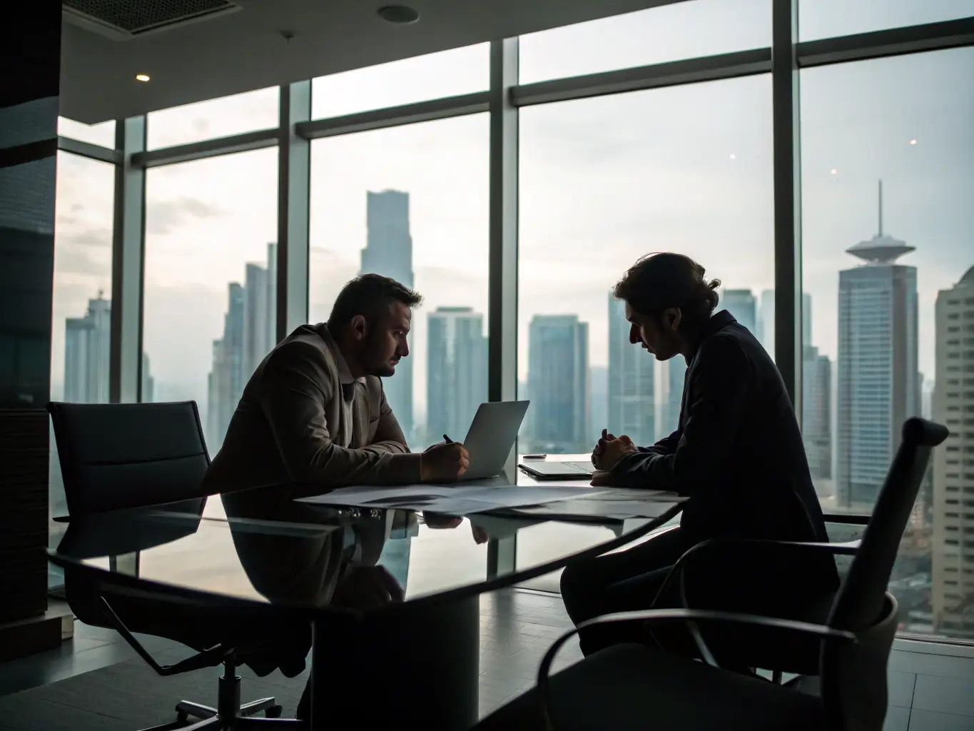A consultant in a meeting room, reviewing project plans with a healthcare administrator, symbolizing the planning phase of the Language Access Walk-Through Evaluation.