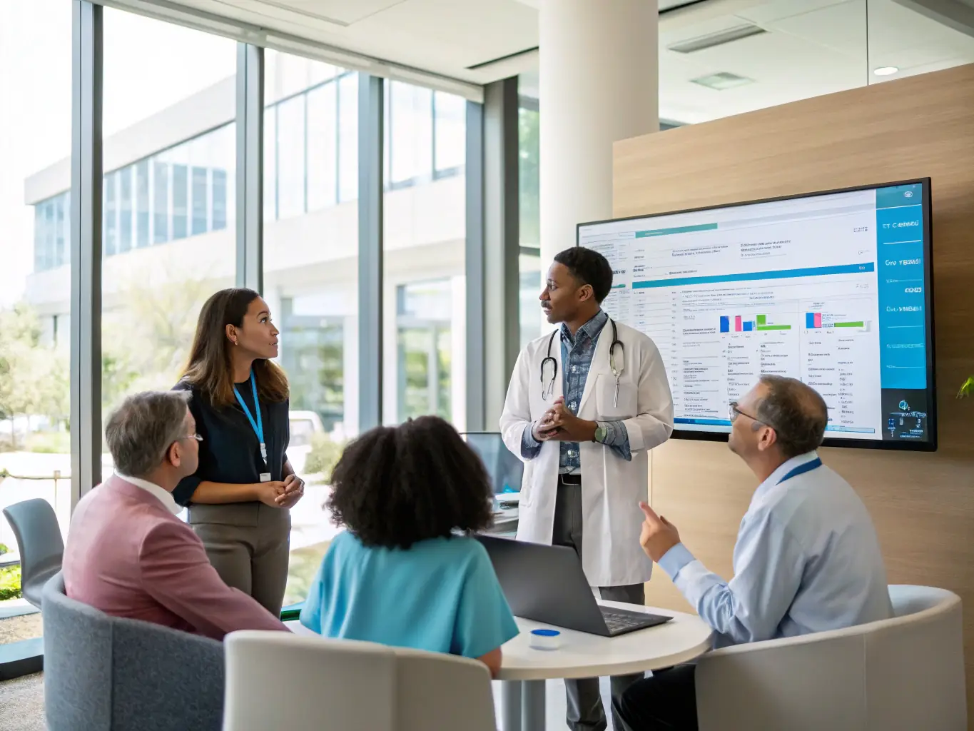 A consultant presenting findings and recommendations to a healthcare team, using data visualizations and actionable insights.